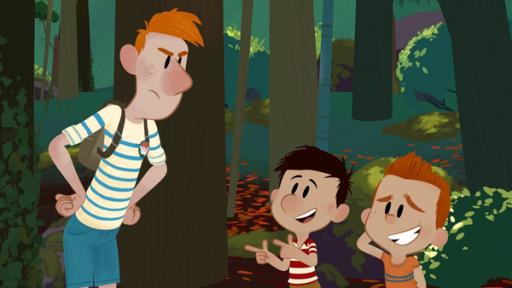 Der kleine Nick und sein Freund stehen im Wald und schauen verlegen zu ihrem wütenden Betreuer nach oben. | Rechte: SWR Der kleine Nick und sein Freund stehen im Wald und schauen verlegen zu ihrem wütenden Betreuer nach oben.