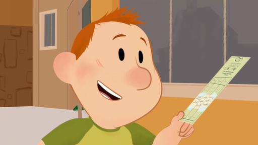 Ein Junge mit rotem Haar hält ein Ticket in der Hand