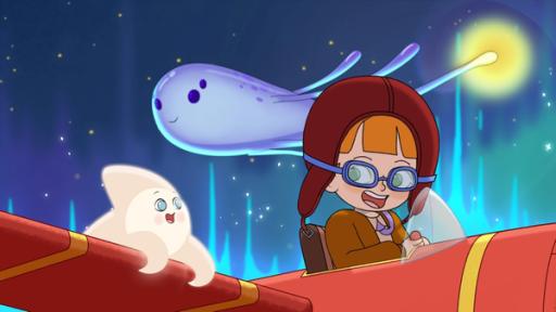 Startbild Folge 49 | Rechte: © 2024 Method Animation, WDR Der kleine Stern hat viel Freude daran, gemeinsam mit der Pilotin durch das Universum zu gleiten.