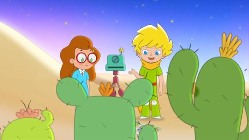 Startbild Folge 34 | Rechte: © 2024 Method Animation, WDR Der kleine Prinz schlägt vor, dass Charlotte ihn beim Fotografieren der Kaktusianer unterstützt.