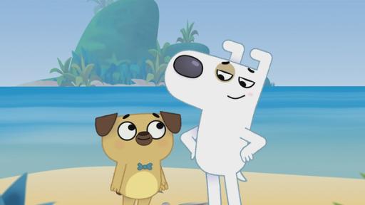Rechte: KiKA/Dog Loves Productions Limited 2020 Dog und Puck landen auf einer kleinen Insel und wittern ein Abenteuer.