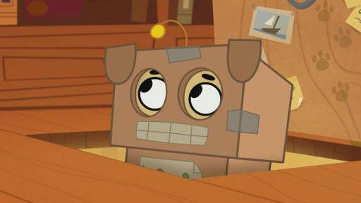 Rechte: KiKA/Dog Loves Productions Limited 2020 Puck ist nicht zufrieden mit seinem Roboterkostüm. Irgendetwas fehlt.