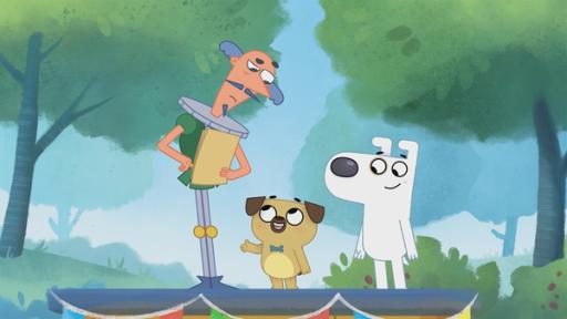Rechte: KiKA/Dog Loves Productions Limited 2020 Dog findet es großartig, dass Puck einem verzweifelten Schauspieler seine Hilfe anbietet.