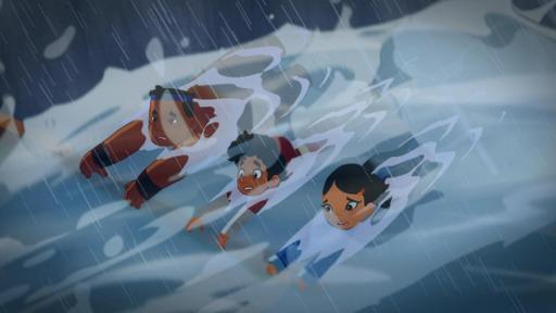 Marco Polo und seine Freunde schwimmen in reißendem Wasser.