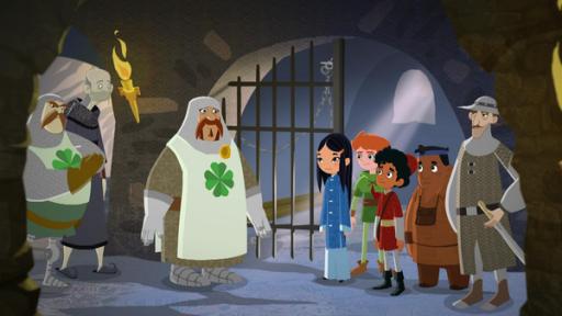 Marco Polo und seine Freunde vor einem Kerker umringt von drei Kreuzrittern und einem Mönch.