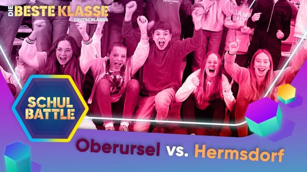 Eine jubelnde Gruppe von Kindern mit erhobenen Armen. Unten die Aufschrift Oberursel vs. Hermsdorf. Links das Logo vom Schulbattle. 