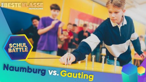 Ein Junge steht an einem Tisch und versucht mit der Hand eine große Schraube senkrecht hinzustellen. Im Hintergrund applaudierende Kinder. Unten der Text Naumburg versus Gauting.