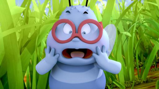 Walter schleimt sich ein | Rechte: Nach Waldemar Bonsels “Die Biene Maja”. © 2012 Studio 100 Animation Walter schreit und schlägt die Hände vor dem Gesicht zusammen.