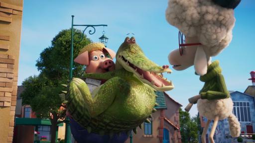 Ein Krokodil unterhält sich mit Schwein Clive und Schaf Billy.