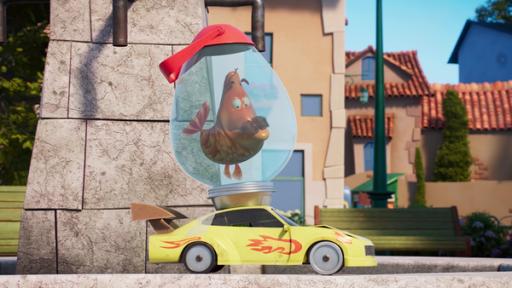 Rechte: KiKA/2022 Sixteen South/Mikros Animation IP/Tencent Auf einem ferngesteuerten Modellauto ist ein Fischglas montiert, in dem Goldfisch Fred schwimmt.