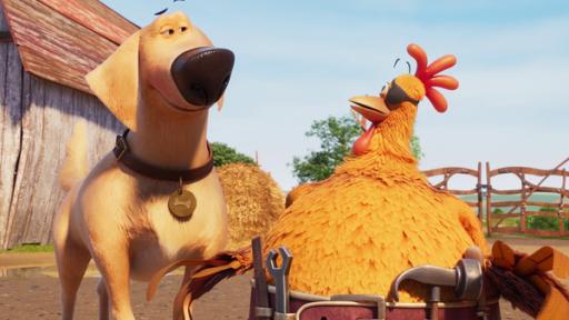 Rechte: KiKA/2022 Sixteen South/Mikros Animation IP/Tencent Ein verliebt lächelnder Hund steht neben einem verwundert blickenden Huhn.