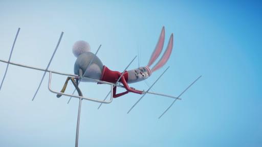 Rechte: KiKA/2022 Sixteen South/Mikros Animation IP/Tencent Hase Maggie hängt in einer Fernsehantenne auf einem Dach fest.