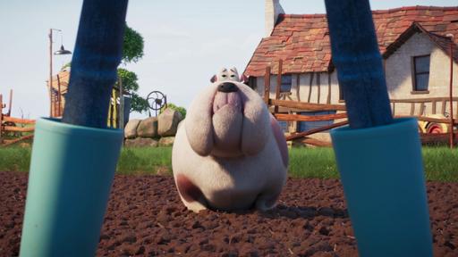 Rechte: KiKA/2022 Sixteen South/Mikros Animation IP/Tencent Links und rechts die Beine eines Mannes, der breitbeinig in Gummistiefeln auf einem Acker steht. Hofhund Bertha sitzt vor ihm und schaut nach oben. Im Hintergrund ein Haus.
