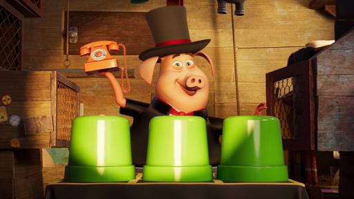Rechte: KiKA/2022 Sixteen South/Mikros Animation IP/Tencent Clive, das Schwein mit einem Zylinder auf dem Kopf. Es zeigt freudig einen Zaubertrick mit drei grünen Eimern.