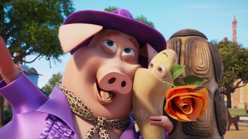 Rechte: KiKA/2022 Sixteen South/Mikros Animation IP/Tencent Schwein Clive hat seinen Arm um Agnes, die Schildkröte gelegt und lächelt beschwingt. Die Schildkröte hat eine Rose im Mund und blickt erstaunt.