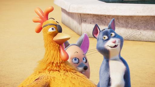 Rechte: KiKA/2022 Sixteen South/Mikros Animation IP/Tencent Ziwschen einem Huhn und Kater Prinz steht das kleine Ei Jo, das sich als Maus verkleidet hat. Kater Prinz schaut vergnügt zu den beiden.