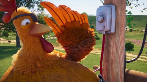 Rechte: KiKA/2022 Sixteen South/Mikros Animation IP/Tencent Das Huhn Flo ist hoch auf einen Holzmast geklettert und repariert ein Telefonkabel.