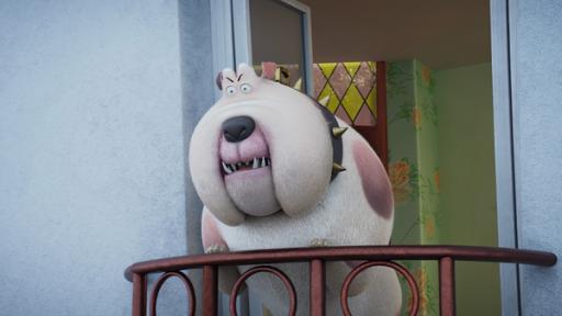 Hündin Bertha steht auf einem Balkon und schaut mit großen Augen nach unten.