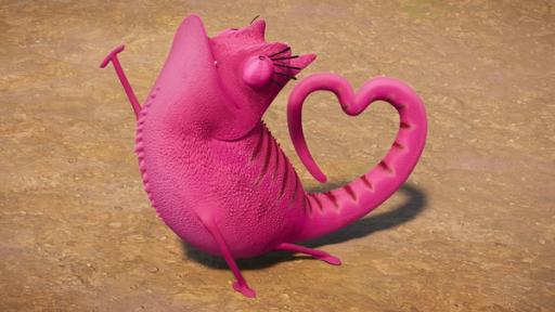 Esther, das Chamäleon ist pink gefärbt und hat ihren Schwanz  als Herz geformt.