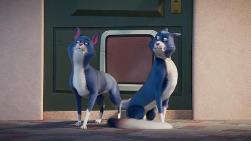 Zwei Katzen, die fast genau gleich aussehen, sitzen nebeneinander vor einer Katzenklappe und schauen sich prüfend an.