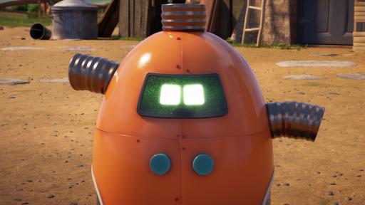 Ein Automat mit hellen Augen und Schlaucharmen auf dem Hof der Coop Troop.