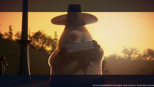Albert der Hamster steht im Outfit eines Sheriffs mit Hut im Gegenlicht. Er spielt Mundharmonika.