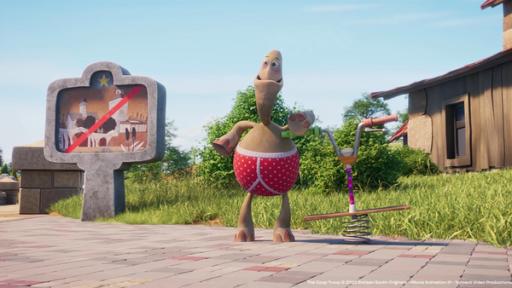 Reggie steht in Unterhose neben einem Ortsschild und hält einen selbstgebauten Sprungstab.