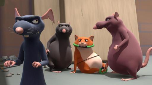 Falscher Verdacht | Rechte: 2021 Caligari Film Die fiese Ratte Ratterich und seine zwei Gehilfen haben Hamster Bertram gefangen genommen. Er sitzt gefesselt und mit Knebel im Mund auf dem Boden.