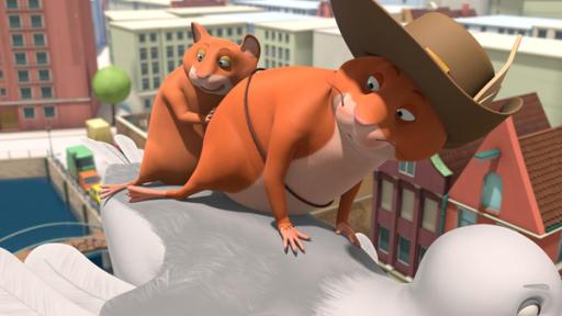 Wirbel um Bernhard | Rechte: ZDF Hamster Bernhard steht hinter Hamster Bertram auf dem Rücken einer Möwe. Diese fliegt mit ihnen über Hausdächer davon.