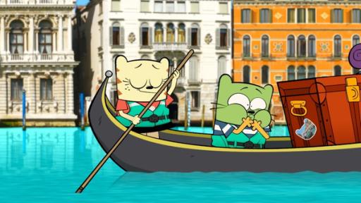 Ollie, Moon und Stanley auf einem Boot in Venedig.