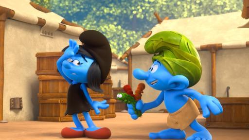 Rechte: KiKA/Peyo Productions, Dupuis Édition & Audiovisuell 2020 Gargamel hat sich in ein Schlumpfmädchen mit schwarzem Kleid und Mütze verwandelt. Wild himmelt ihn an.
