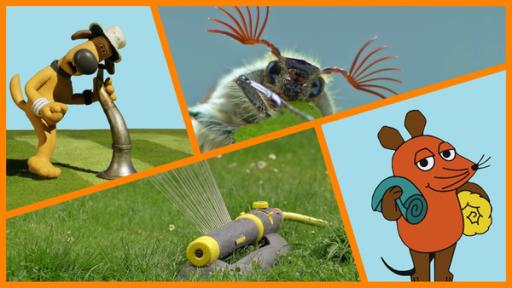 Die Sendung mit der Maus vom 04.05.2025 | Rechte: WDR Geteiltes Bild: Bitzer horcht mit einem Bleckrohr am Rasen, ein Maikäfer, ein gelbgrauer Rasensprenger - aus dem Wasser spritzt, Die Mail mit einer türkisen und einer gelben Decke