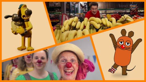 Die Sendung mit der Maus vom 02.03.2025 (Gebärdensprache) | Rechte: WDR Geteiltes Bild mit Bitzer und Timmy, André und vielen Bananen im Supermarkt, Klinik-Clown-Frauen hintereinander in einer Reihe, die Maus mit einer roten Nase und einer weiß-reot gekringelten Socke