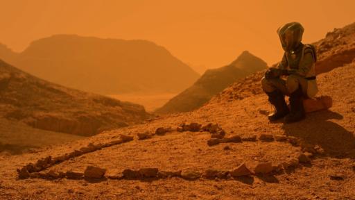 Gefangen | Rechte: Sklan&Ka/NDR Eine Astronautin sitzt rechts im Bild neben einem großen Herz aus Steinen, links im Bild. Vom Hügel blickt man in die bergige, rötliche, sonnenbeschienene Marslandschaft.