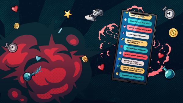 Ein schwarzer Hintergrund mit einer roten Explosion und Gaming-typsichen Symbolen darauf. Im Vordergrund ein Handy, auf dem viele herausfordernde Nachrichten eingehen.