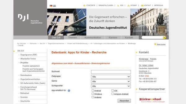 Screenshot der DJI-Datenbank zu Apps für Kinder