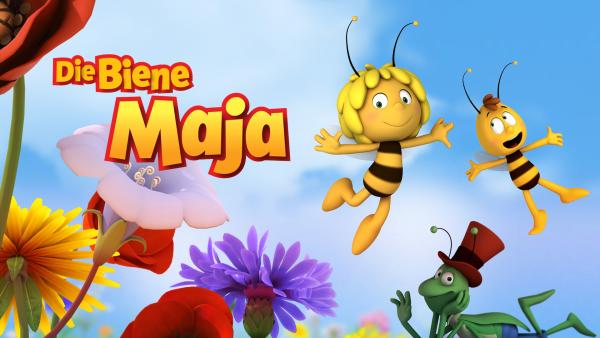 Die Biene Maja, Willi und Flip neben ein paar Blumen und dem Schriftzug "Die Biene Maja."