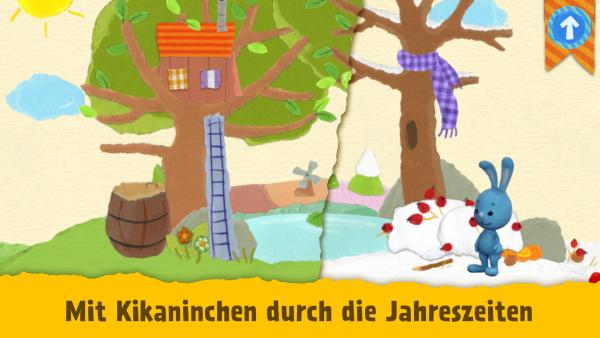 Das Bild zeigt zwei verschiedene Jahreszeiten, den Sommer und den Winter. Im Sommer ist ein Baum mit Baumhaus zu sehen. Im Winter ein Baum mit einem Schal. Darunter steht das KiKANiNCHEN. 