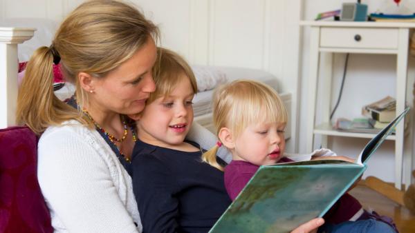 Auf dem Bild sieht man eine Frau die zwei Kindern was vorliest. 