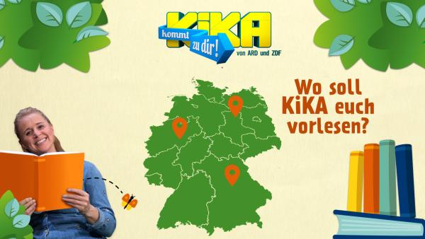 Auf der Grafik ist der Schriftzug "KiKA kommt zu dir!" mittig zu sehen, eingerahmt von Blättern und Büchern. Auf einer grünen Deutschlandkarte sind drei organgefarbene Pins gesetzt. Am unteren Bildrand ist eine blonde Frau (Singa) mit einem Buch zu sehen. 