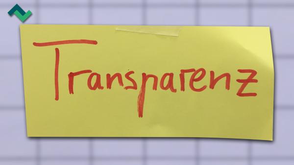 Ein gelber Notizzettel, auf dem das Wort Transparenz geschrieben ist.