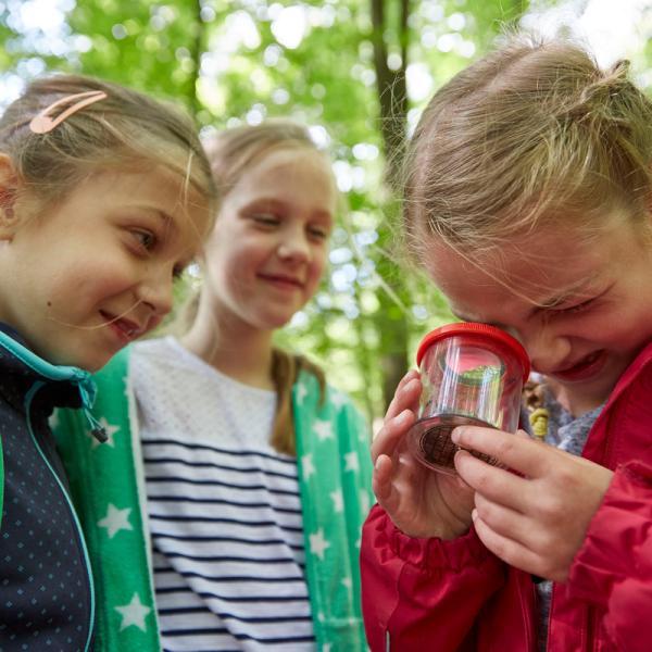 Drei Mädchen schauen sich ein Forscherglas an