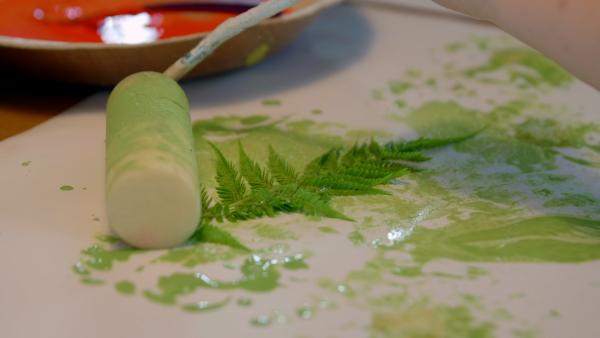 Mit einem Farbroller werden Gräser und Blätter mit grüner Farbe auf ein Papier gedruckt. 