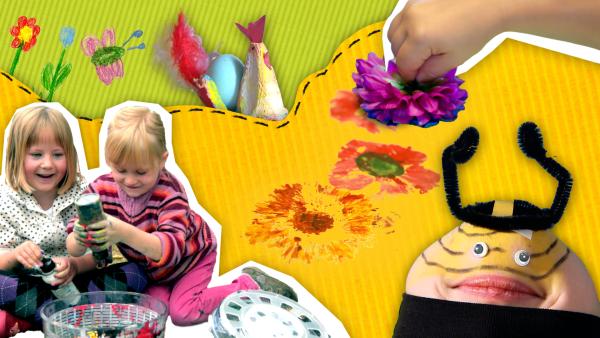 Zwei Kinder machen ein Salatschleuderexperiment, ein Kinndesicht ist wie eine Biene angemalt und eine Hand drückt einen Blumenstempel auf gelbes ENE MENE BU Papier. 