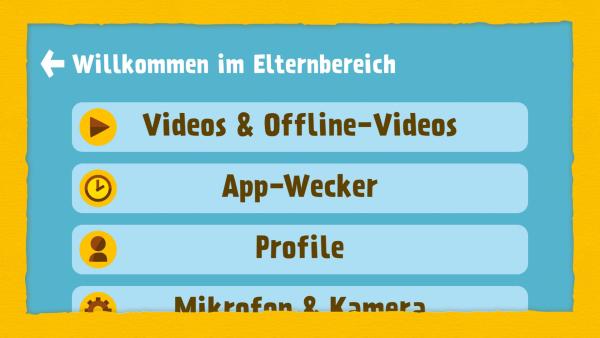 Das Bild zeigt das Menü des Elternbereichs. Man kann zwischen Videos&Offline-Videos, dem App-Wecker, dem Profil und dem Mikrofon und der Kamera wählen. 