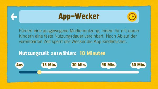 Bild zeigt den Menüpunkt 'App-Wecker'. Hier kann zwischen 'Aus' '10 Minuten' '15 Minuten' und '20 Minuten' gewählt werden. 