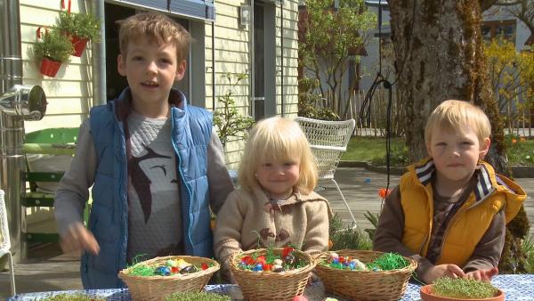 Tomke, Nelly und Quinn beim Osternester suchen.