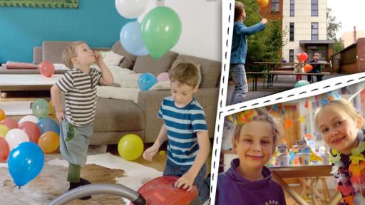 Rechte: KiKA/Motion Works GmbH Kinder spielen gemeinsam mit Luftballons. Andere Kinder feiern eine Geburtstagsparty.