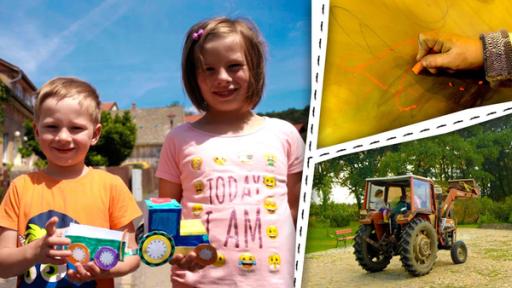 Kinder halten einen geabstelten Traktor in den Händen und andere Kinder sitzen auf einem Traktor.