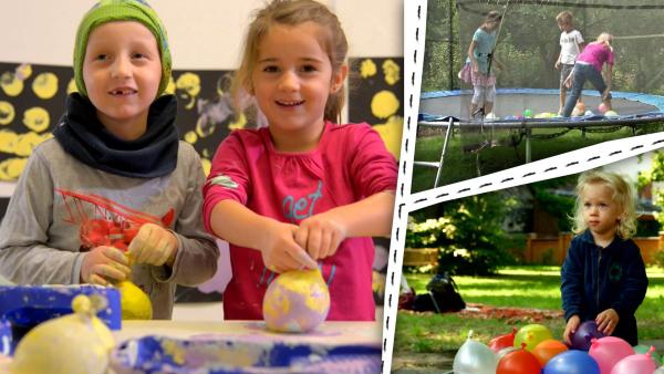 Zwei Mädchen stempeln mit Luftballons bunte Farben auf Papier. Andere Kinder spielen mit Ballons.